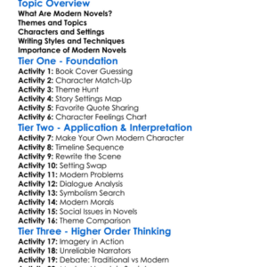 Modern Novels Worksheet Activity Booklet