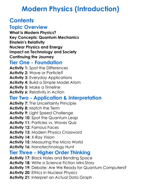 Modern Physics Introduction Worksheet Activity Booklet