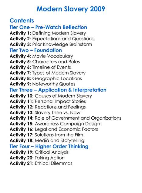 Modern Slavery 2009 Worksheet Activity Booklet