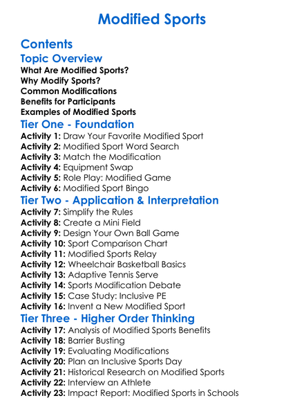 Modified Sports Worksheet Activity Booklet