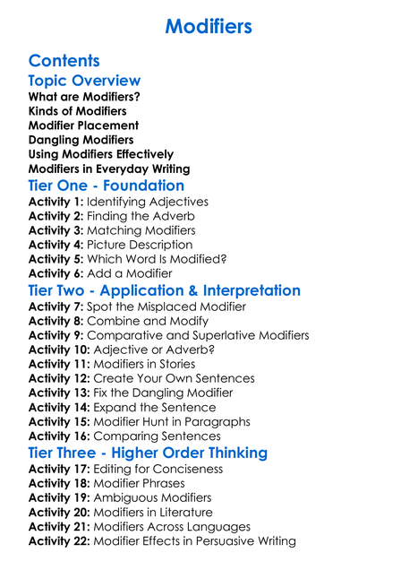 Modifiers Worksheet Activity Booklet