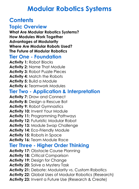 Modular Robotics Systems Worksheet Activity Booklet