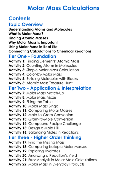 Molar Mass Calculations Worksheet Activity Booklet