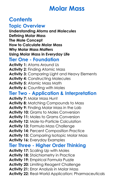 Molar Mass Worksheet Activity Booklet