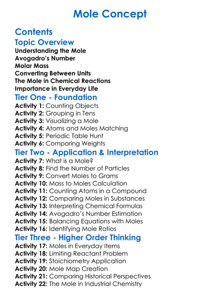 Mole Concept Worksheet Activity Booklet