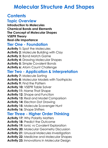 Molecular Structure And Shapes Worksheet Activity Booklet
