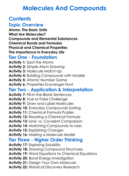 Molecules And Compounds Worksheet Activity Booklet