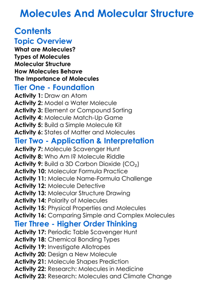 Molecules And Molecular Structure Worksheet Activity Booklet