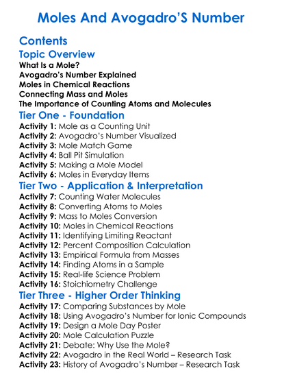 Moles And Avogadros Number Worksheet Activity Booklet