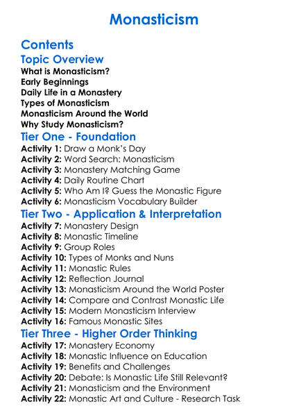 Monasticism Worksheet Activity Booklet