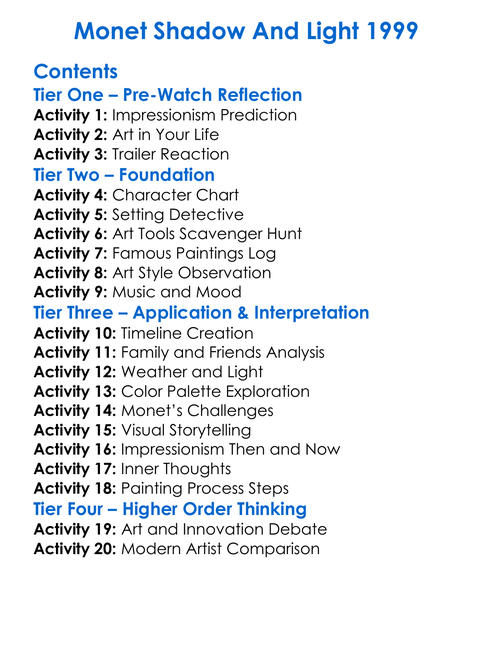 Monet Shadow And Light 1999 Worksheet Activity Booklet