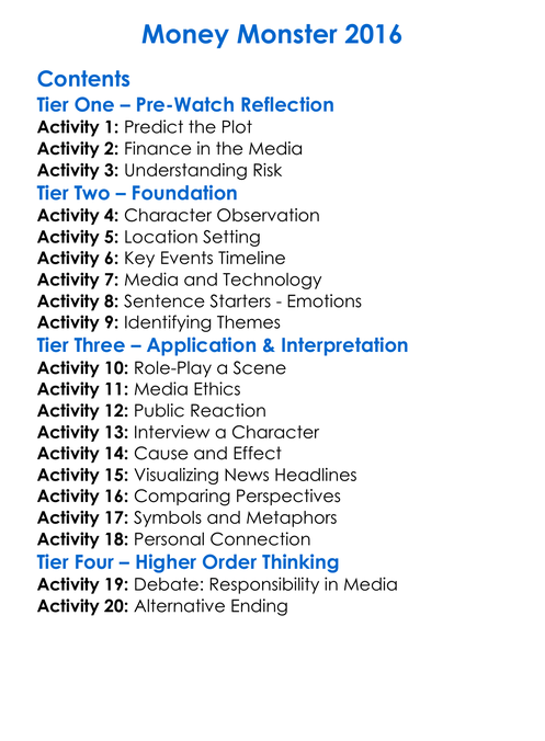 Money Monster 2016 Worksheet Activity Booklet