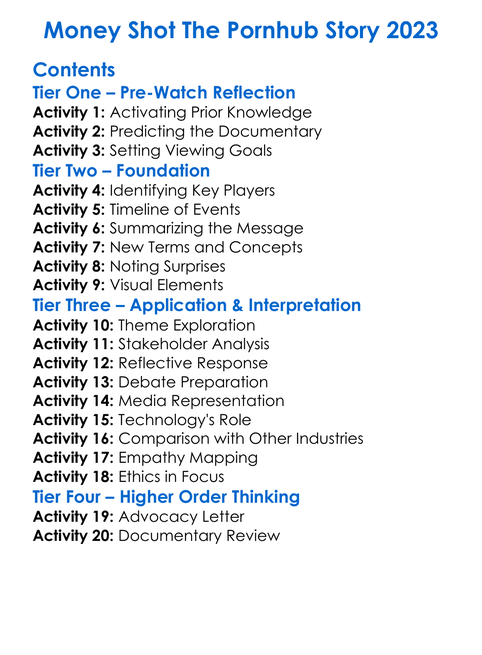 Money Shot The Pornhub Story 2023 Worksheet Activity Booklet