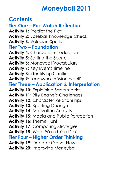 Moneyball 2011 Worksheet Activity Booklet