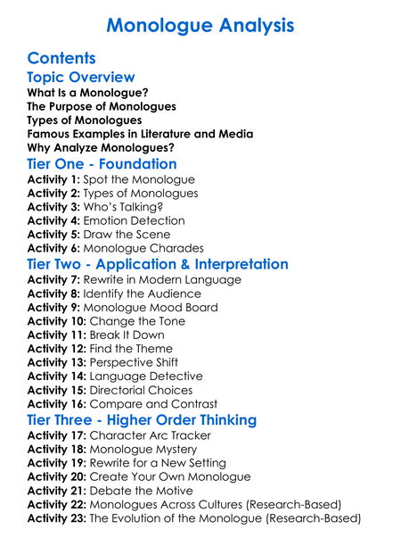 Monologue Analysis Worksheet Activity Booklet