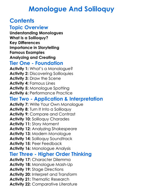 Monologue And Soliloquy Worksheet Activity Booklet