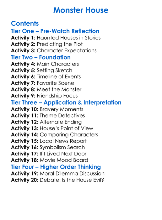 Monster House Worksheet Activity Booklet