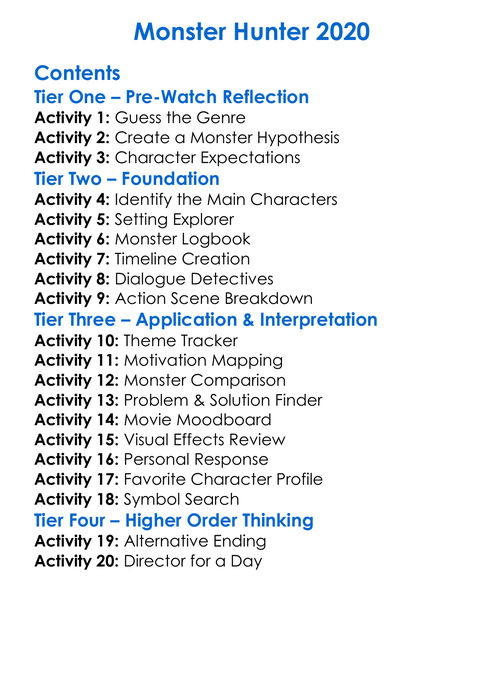 Monster Hunter 2020 Worksheet Activity Booklet