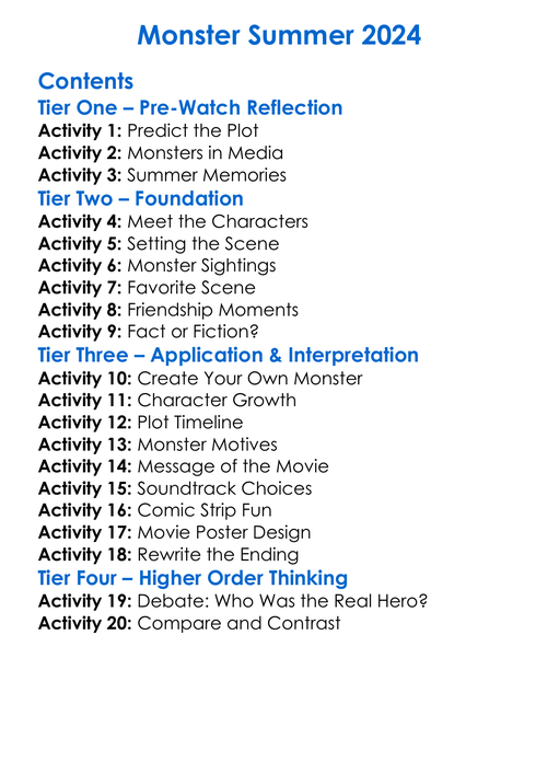 Monster Summer 2024 Worksheet Activity Booklet