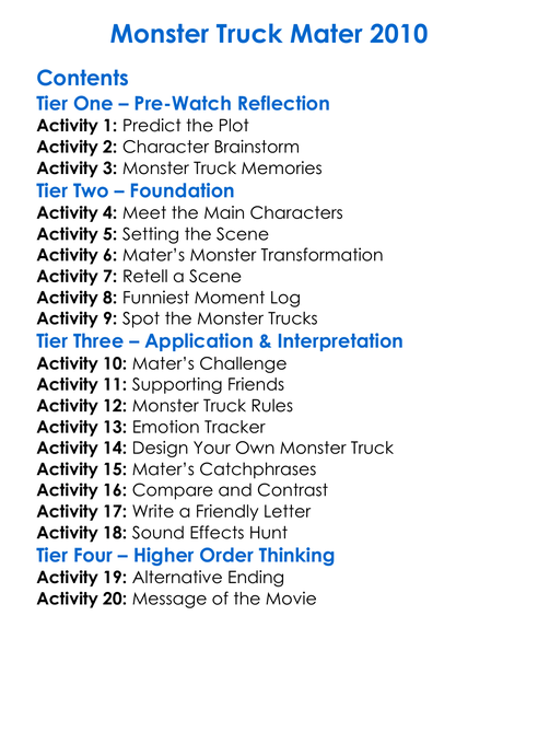 Monster Truck Mater 2010 Worksheet Activity Booklet