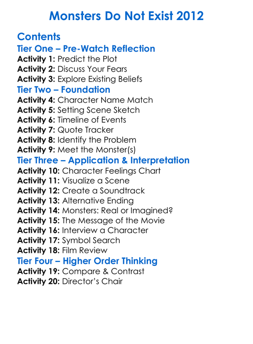 Monsters Do Not Exist 2012 Worksheet Activity Booklet