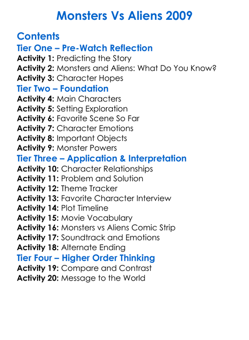 Monsters Vs Aliens 2009 Worksheet Activity Booklet