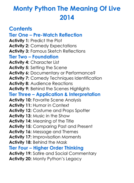Monty Python The Meaning Of Live 2014 Worksheet Activity Booklet
