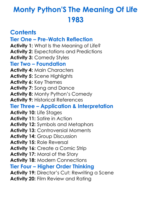 Monty Pythons The Meaning Of Life 1983 Worksheet Activity Booklet