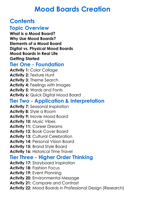 Mood Boards Creation Worksheet Activity Booklet