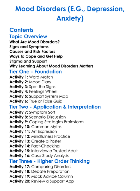Mood Disorders Eg Depression Anxiety Worksheet Activity Booklet