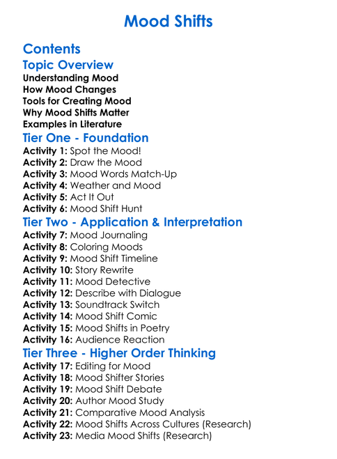 Mood Shifts Worksheet Activity Booklet
