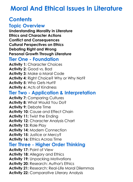 Moral And Ethical Issues In Literature Worksheet Activity Booklet