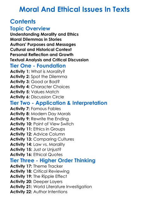 Moral And Ethical Issues In Texts Worksheet Activity Booklet