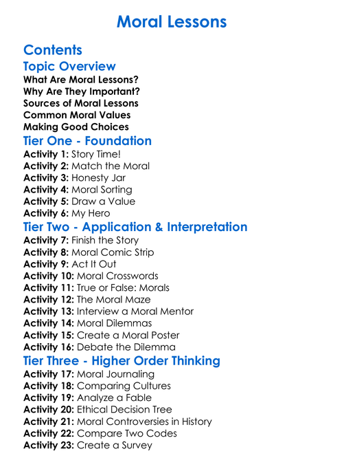 Moral Lessons Worksheet Activity Booklet