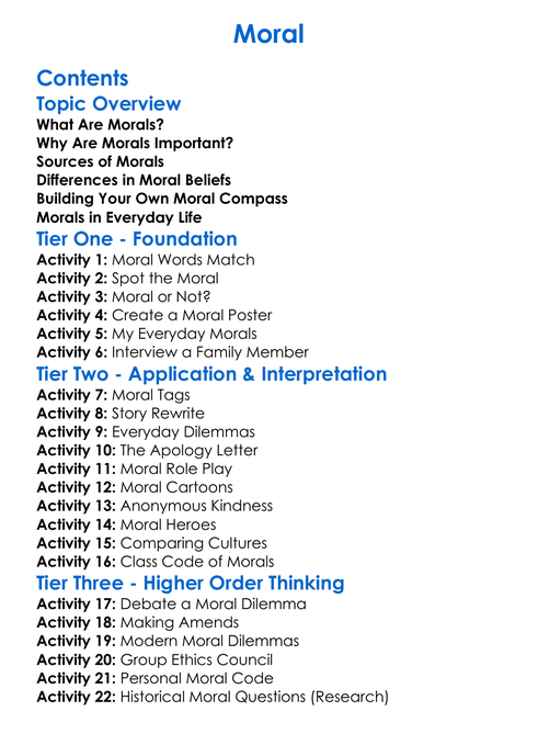 Moral Worksheet Activity Booklet