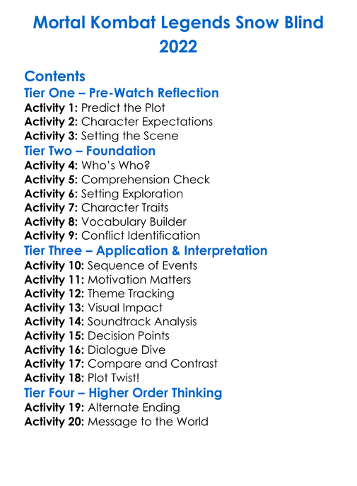 Mortal Kombat Legends Snow Blind 2022 Worksheet Activity Booklet