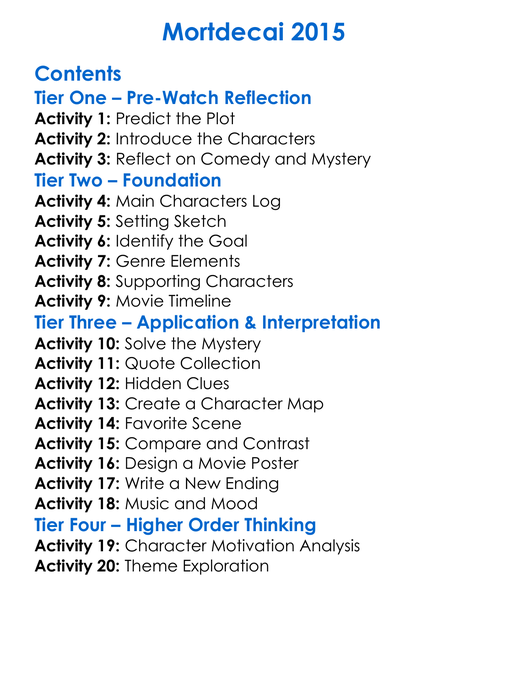 Mortdecai 2015 Worksheet Activity Booklet