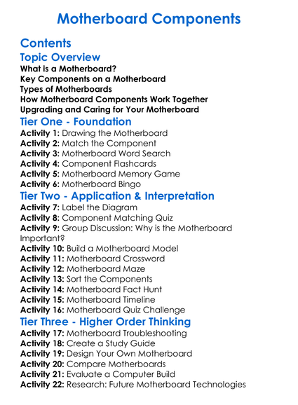 Motherboard Components Worksheet Activity Booklet