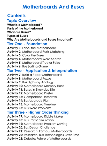 Motherboards And Buses Worksheet Activity Booklet