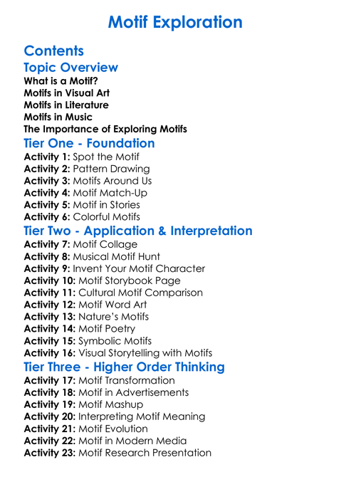 Motif Exploration Worksheet Activity Booklet