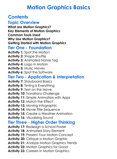 Motion Graphics Basics Worksheet Activity Booklet