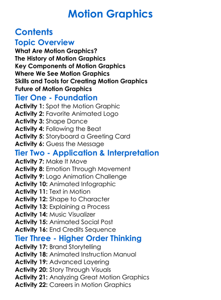 Motion Graphics Worksheet Activity Booklet