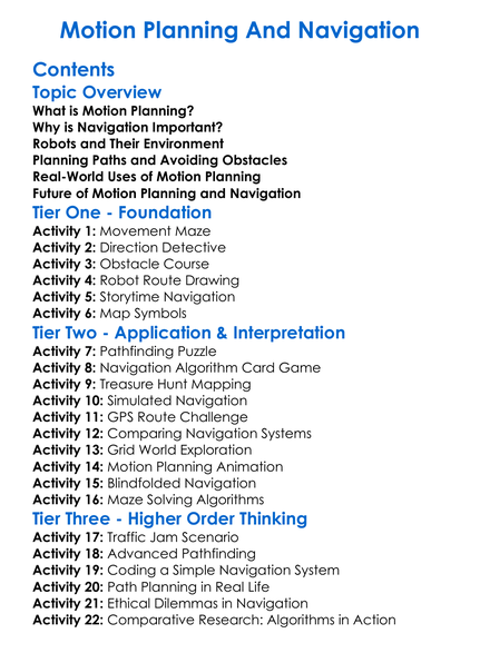 Motion Planning And Navigation Worksheet Activity Booklet