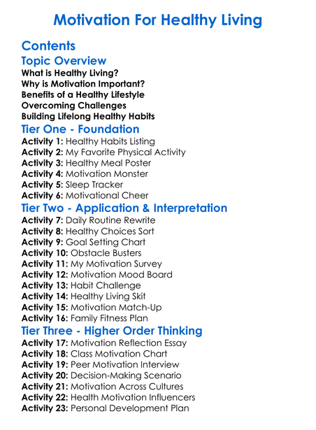 Motivation For Healthy Living Worksheet Activity Booklet