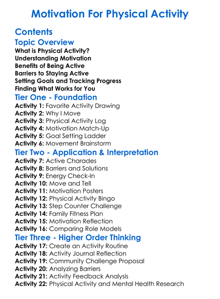 Motivation For Physical Activity Worksheet Activity Booklet