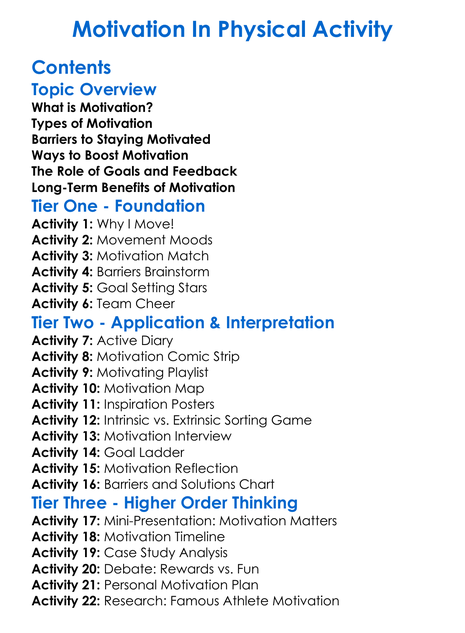 Motivation In Physical Activity Worksheet Activity Booklet