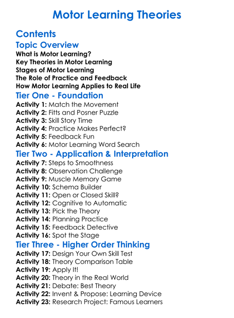 Motor Learning Theories Worksheet Activity Booklet