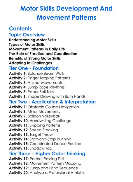 Motor Skills Development And Movement Patterns Worksheet Activity Booklet