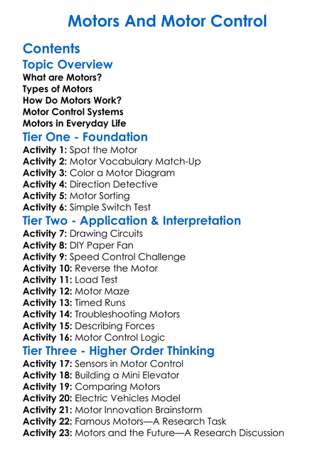 Motors And Motor Control Worksheet Activity Booklet