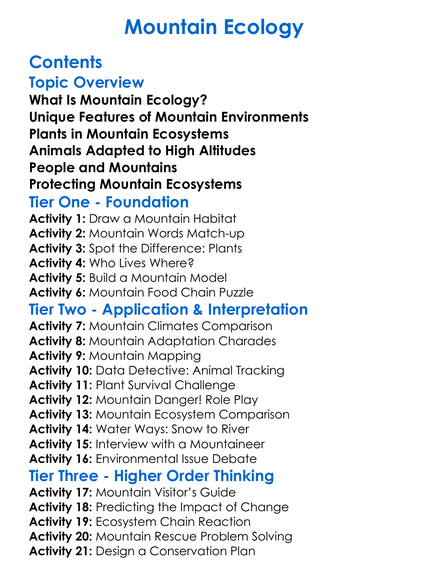 Mountain Ecology Worksheet Activity Booklet